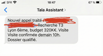 Exemple de sortie après appel traité par Tala